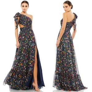 Mac Duggal 67938 Tied One Shoulder Cut Out Flowy Floral Chiffon Gown NWT